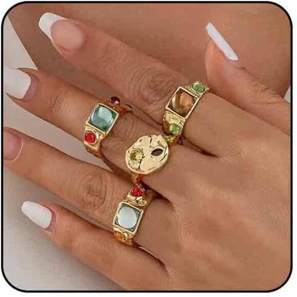 Chunky Statement Ring Set – Alloy Stamped, Dome, Heart & Circle Stackable Rings - Picture 1 of 5